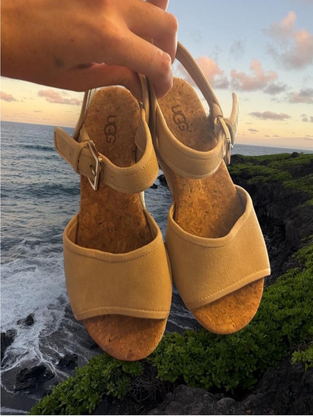UGG Women's 7.5 Tan Cork Footbed Slingback Sandals with gold buckles
